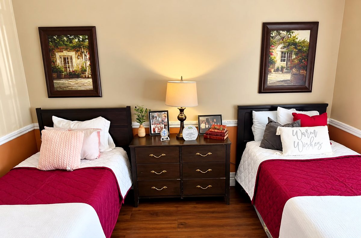 A shared bedroom with two beds in matching red bedspreads and a dresser with a lamp between them